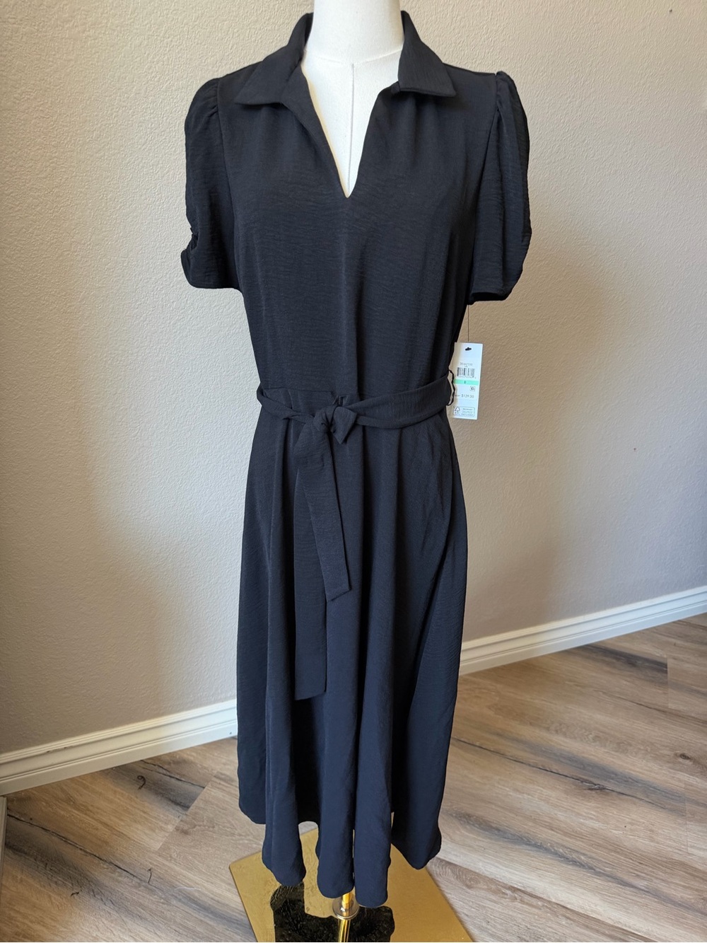 NWT DKNY Black Collared Midi Dress with Tie Waist and Puff Sleeves, size 8